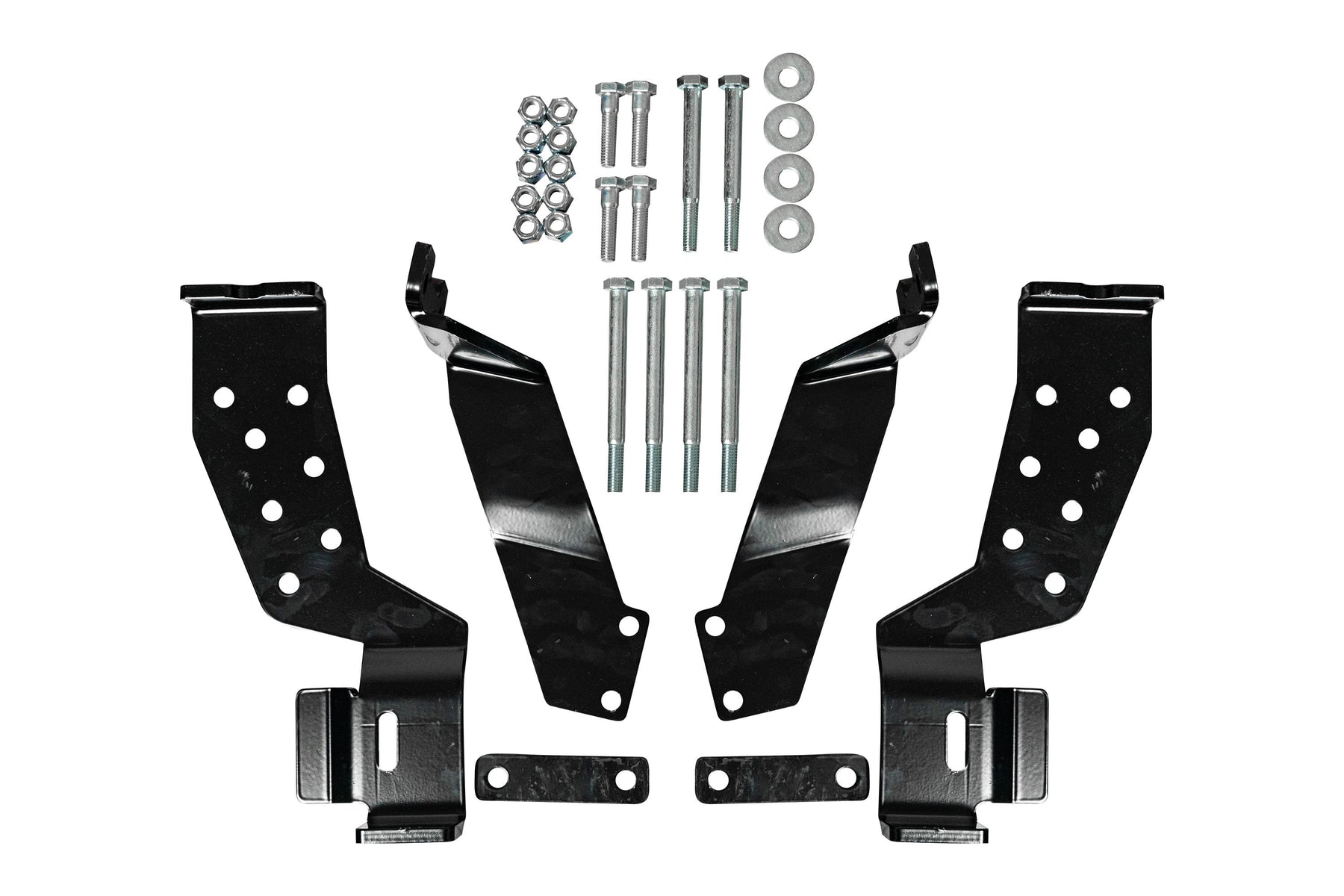 Example custom mount kit with four black steel brackets, two spacer plates, bolts, nuts and washers