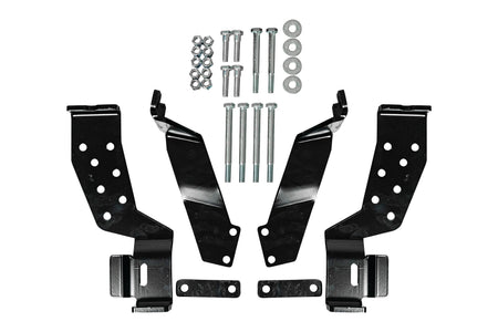 Example custom mount kit with four black steel brackets, two spacer plates, bolts, nuts and washers