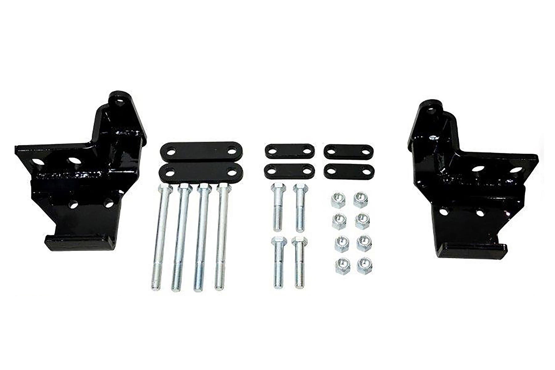 DK2 custom mount kit example: two black steel brackets, spacer plates, long and short bolts and nuts