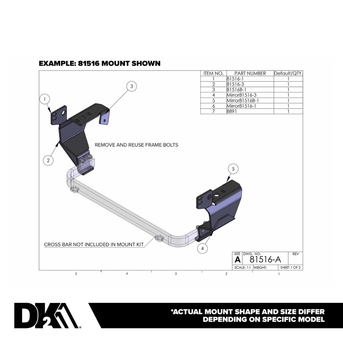 DK2 example mount drawing with brackets on a cross bar marked not included in mount kit