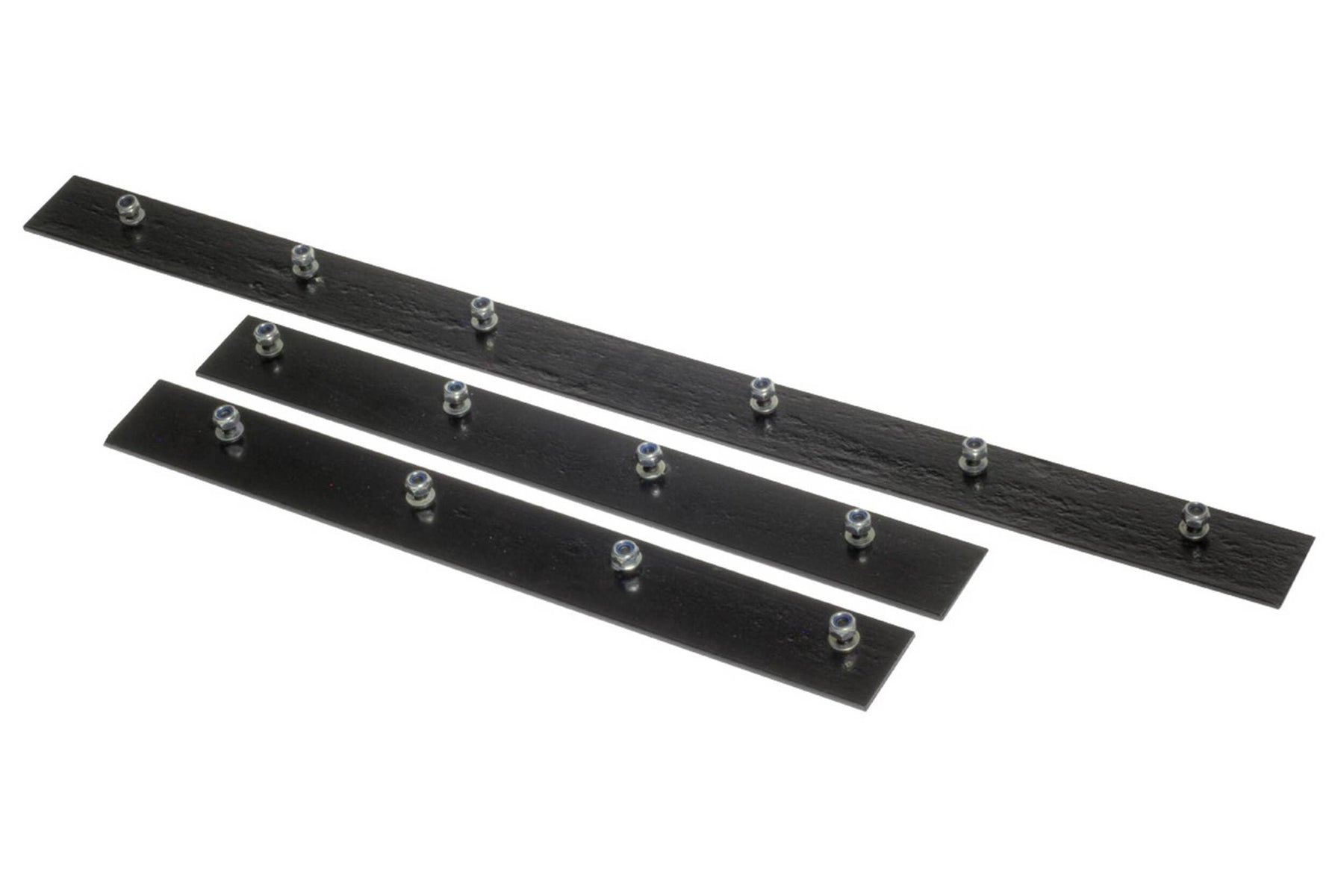 Three black powder-coated steel scraper blade sections with mounting nuts