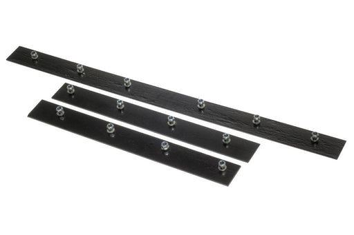 Three black powder-coated steel scraper blade sections with mounting nuts