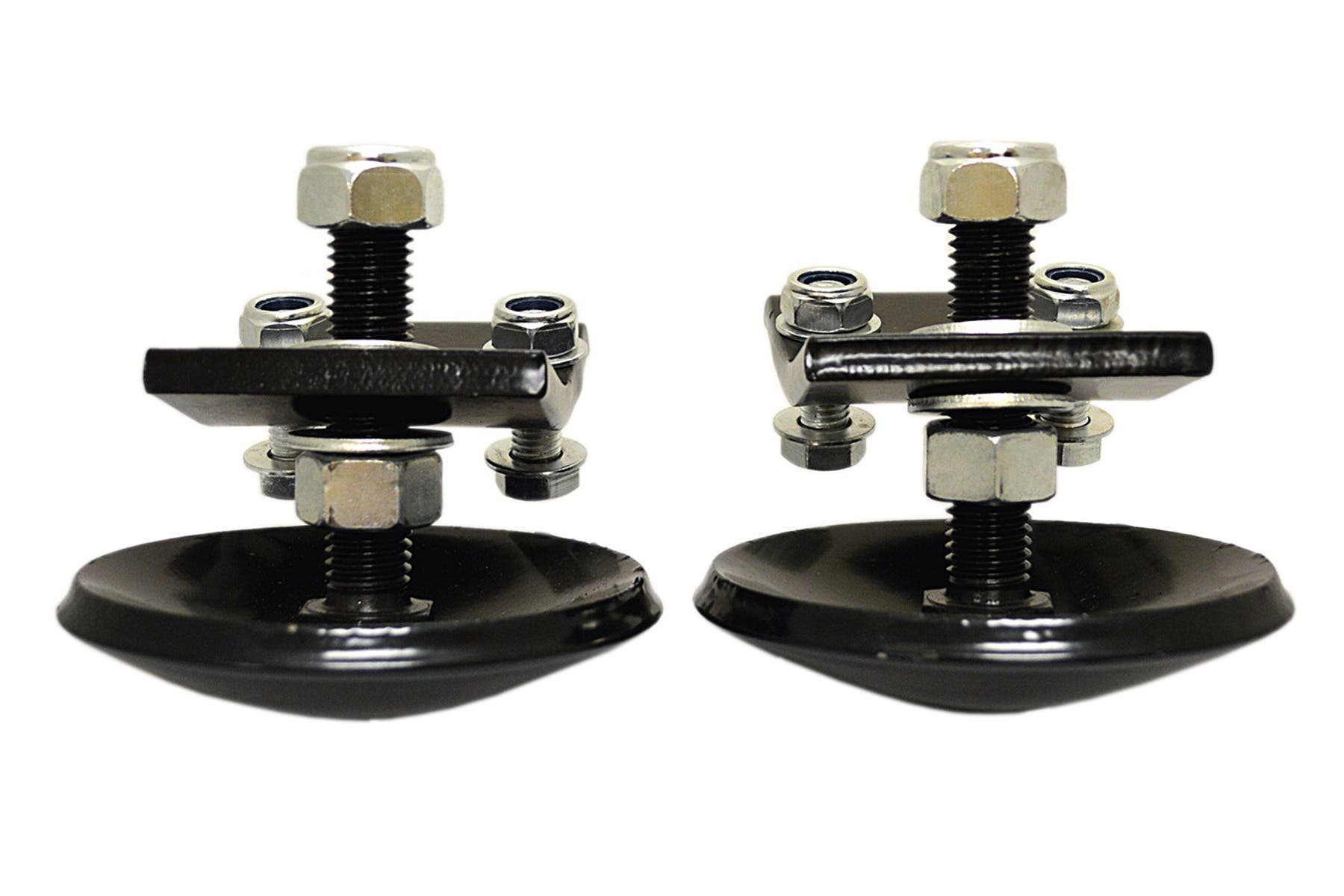 Two black snowplow skid shoes with threaded posts, bracket plates, nuts and washers