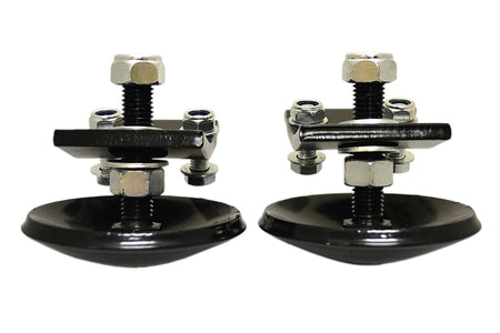 Two black snowplow skid shoes with threaded posts, bracket plates, nuts and washers