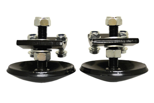 Two black snowplow skid shoes with threaded posts, bracket plates, nuts and washers