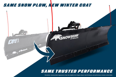 Rebrand graphic: DK2-decal winch plow shown becoming SnowBear by Marlon, same snow plow, new winter coat