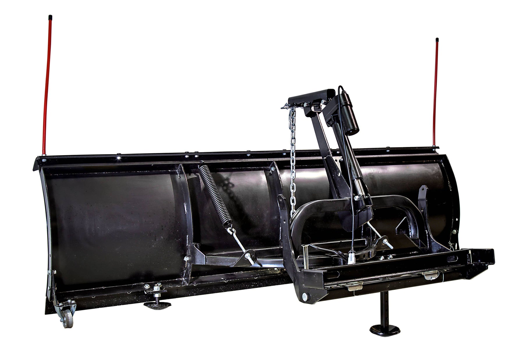 Rear view of the ELITE plow showing actuator, trip spring, castor wheel and mount frame