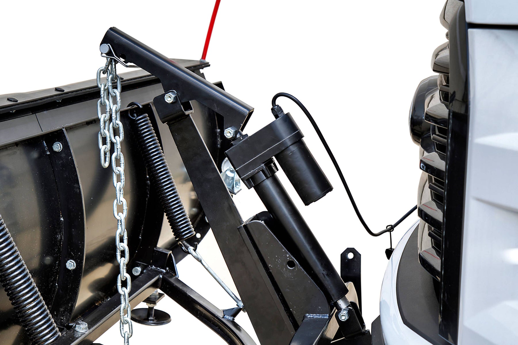 Electric actuator, lift arm, safety chain and trip springs at a pickup's front bumper