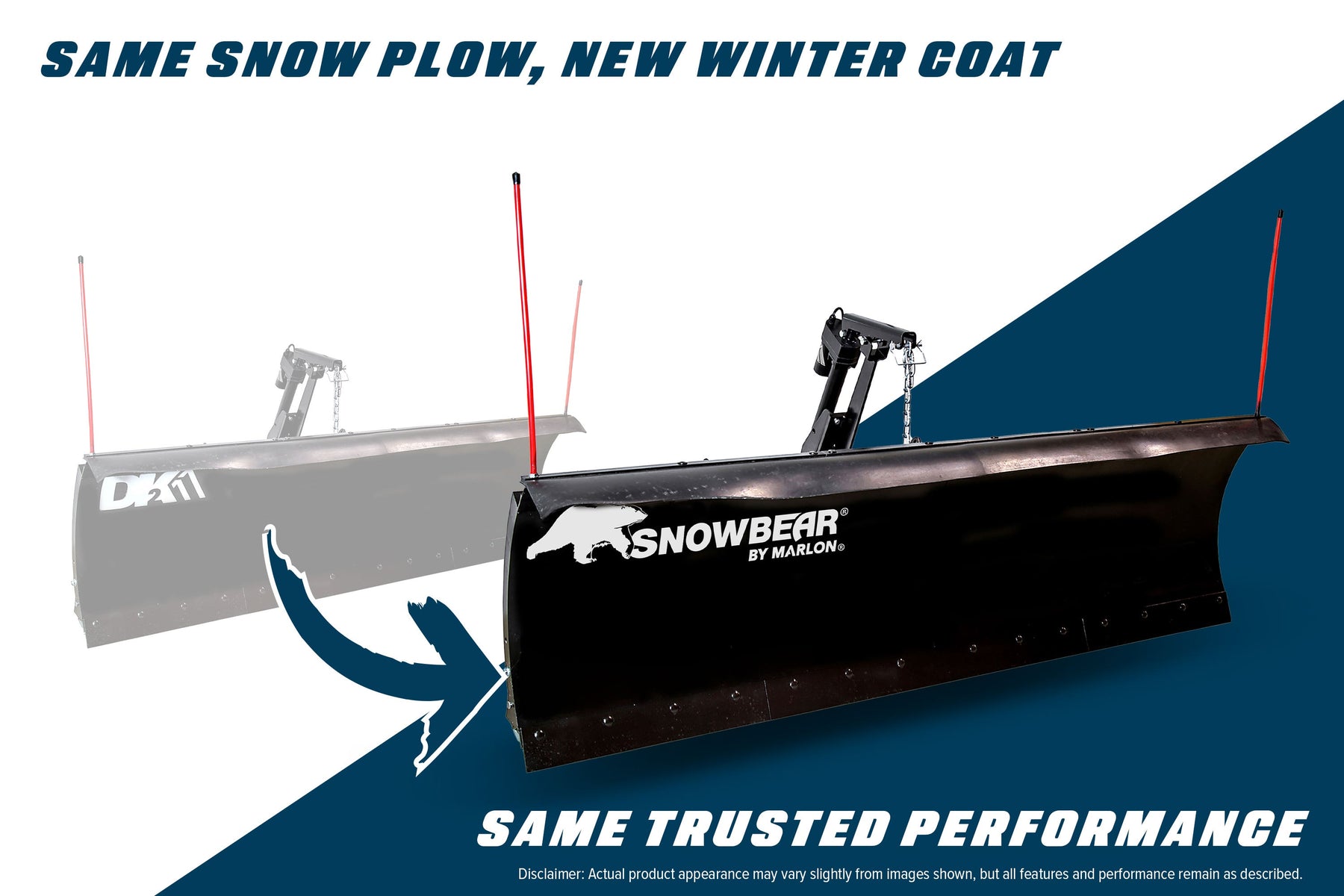 Rebrand graphic: DK2-decal ELITE plow shown becoming SnowBear by Marlon, same snow plow, new winter coat