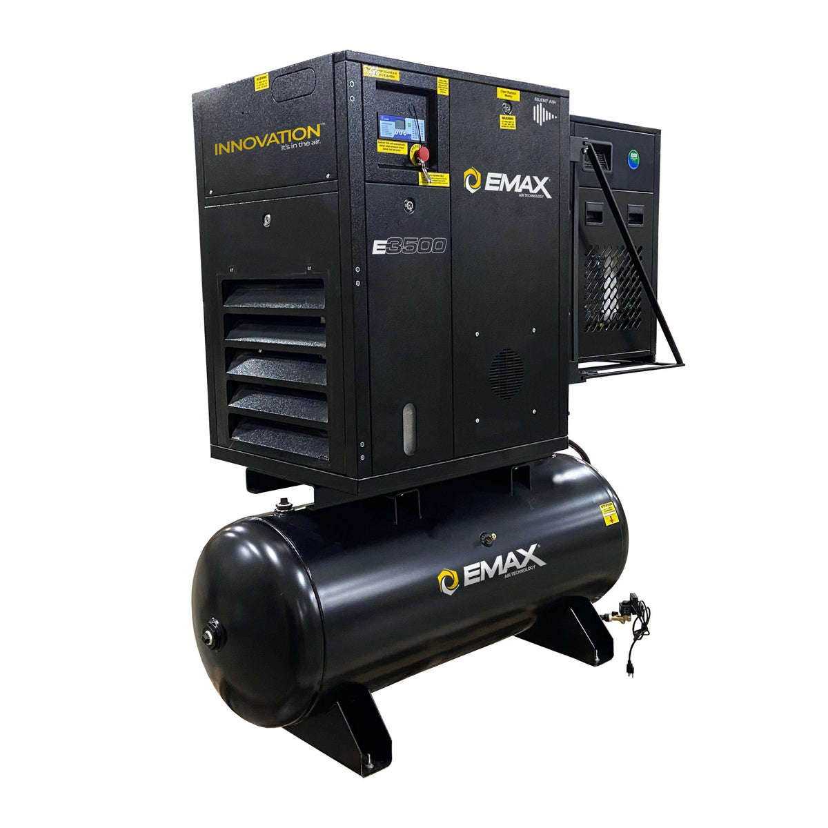 EMAX rotary screw compressor and dryer package, three-quarter front view on black tank