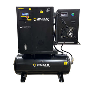 EMAX matte-black rotary screw air compressor with refrigerated dryer on horizontal tank