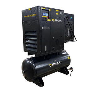 Three-quarter view of the EMAX rotary screw compressor and refrigerated dryer on a horizontal tank