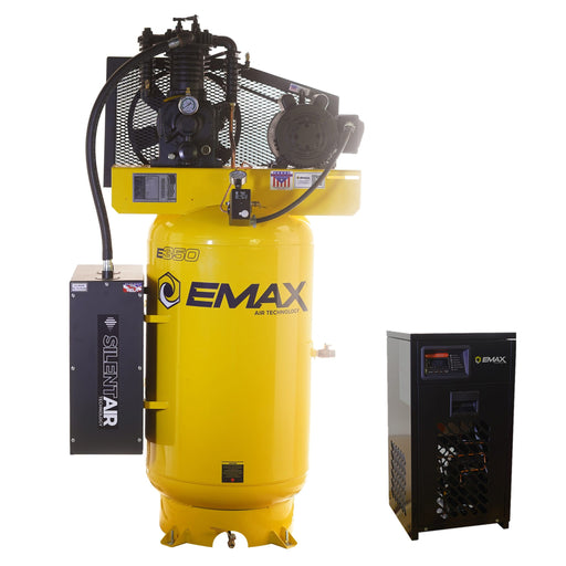 EMAX 80-gallon vertical air compressor with Silent Air intake silencer and refrigerated air dryer