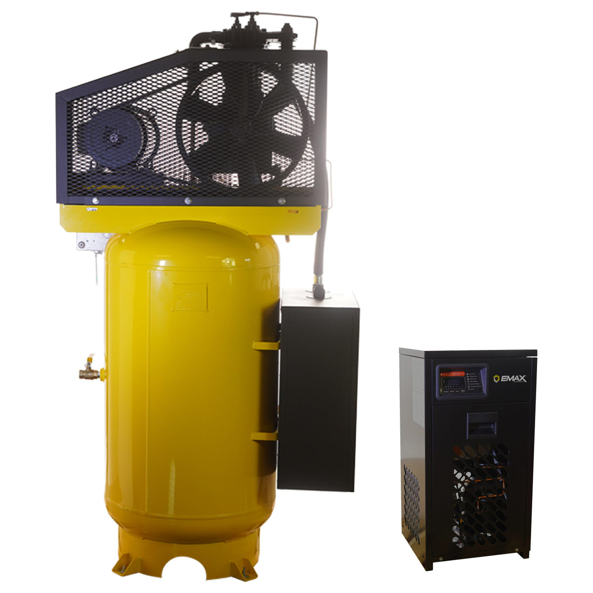 Side view of EMAX 80-gallon compressor belt guard and tank with refrigerated dryer