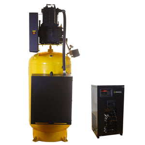 Front view of EMAX 80-gallon compressor with black Silent Air silencer enclosure and refrigerated dryer