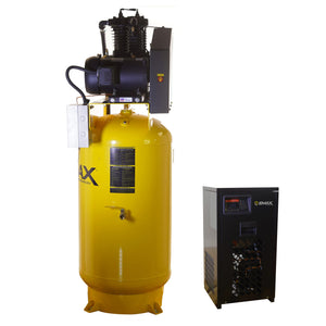 TEFC electric motor and two-stage cast iron pump on EMAX 80-gallon compressor, with refrigerated dryer