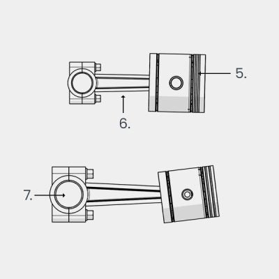 Line drawing of compressor pistons and connecting rods showing ring detail