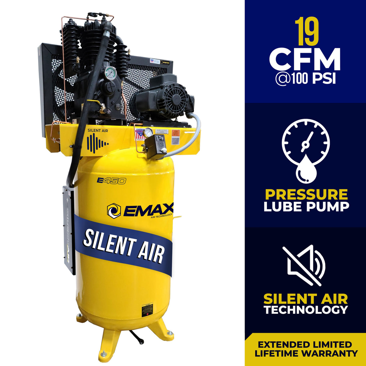 EMAX Silent Air 5 HP 80-gallon vertical two-stage air compressor, 19 CFM at 100 PSI