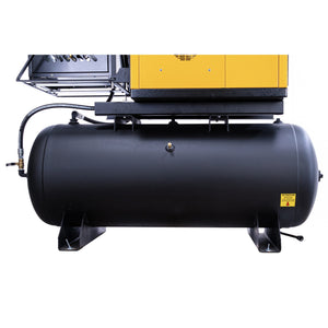 Black horizontal air tank on welded mounting feet with auto-drain line and DRAIN DAILY warning label