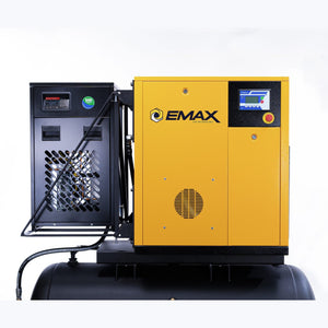 Front of EMAX compressor cabinet with digital control panel, e-stop, and side-mounted refrigerated dryer
