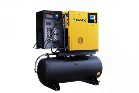 Yellow EMAX rotary screw compressor and black refrigerated dryer on a black horizontal air tank