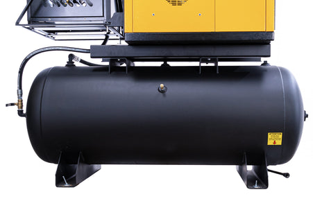 Horizontal receiver tank on welded mounting feet with drain valve and a tank safety decal