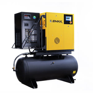 EMAX rotary screw air compressor with refrigerated dryer on a horizontal receiver tank
