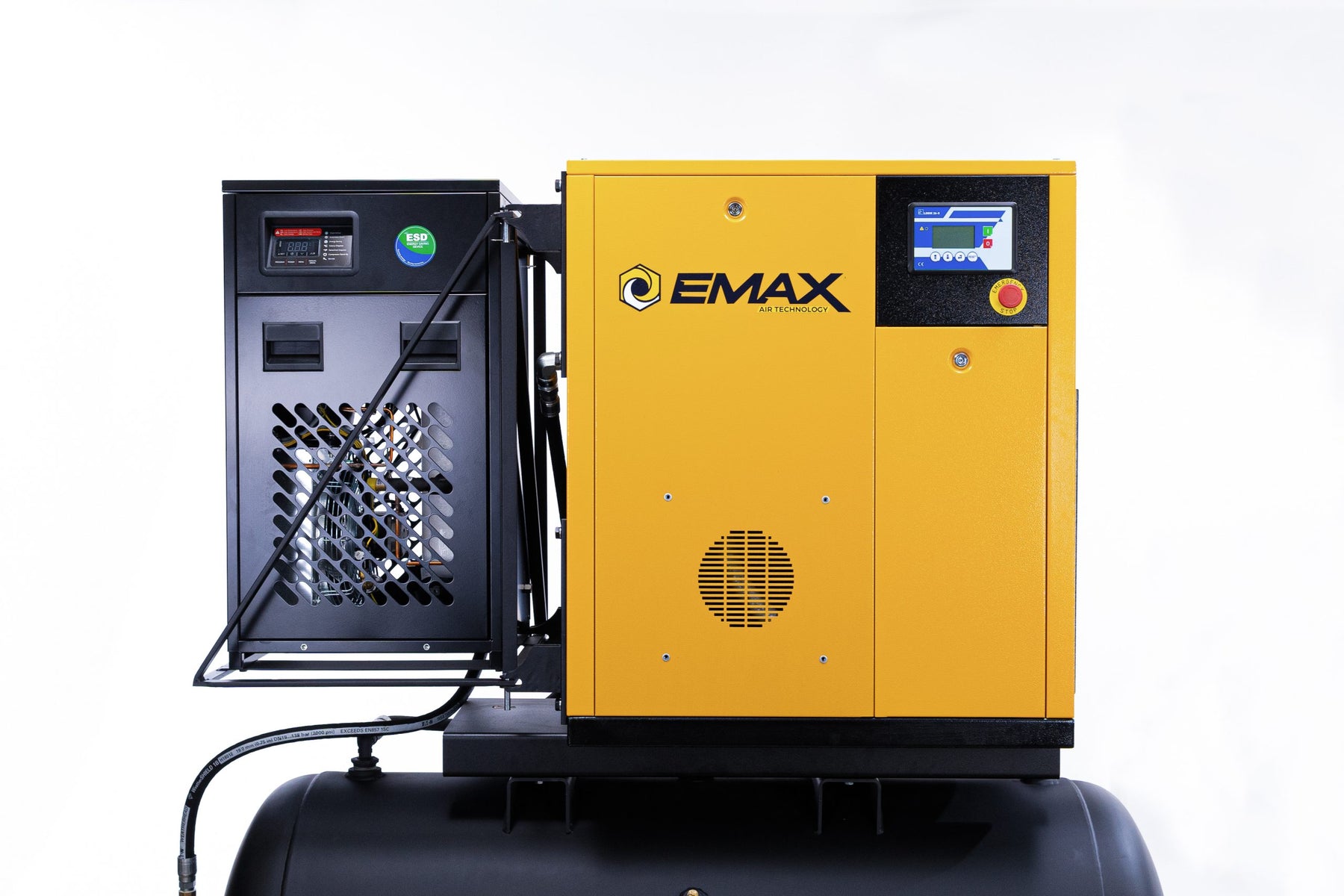 Front of EMAX compressor cabinet with digital controller, emergency stop, and refrigerated dryer
