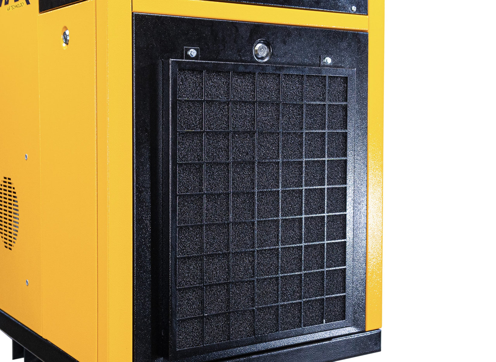 EMAX compressor cabinet corner with cooling intake grille and filter panel