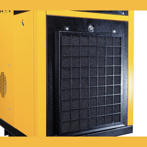 EMAX compressor cabinet corner with cooling intake grille and filter panel