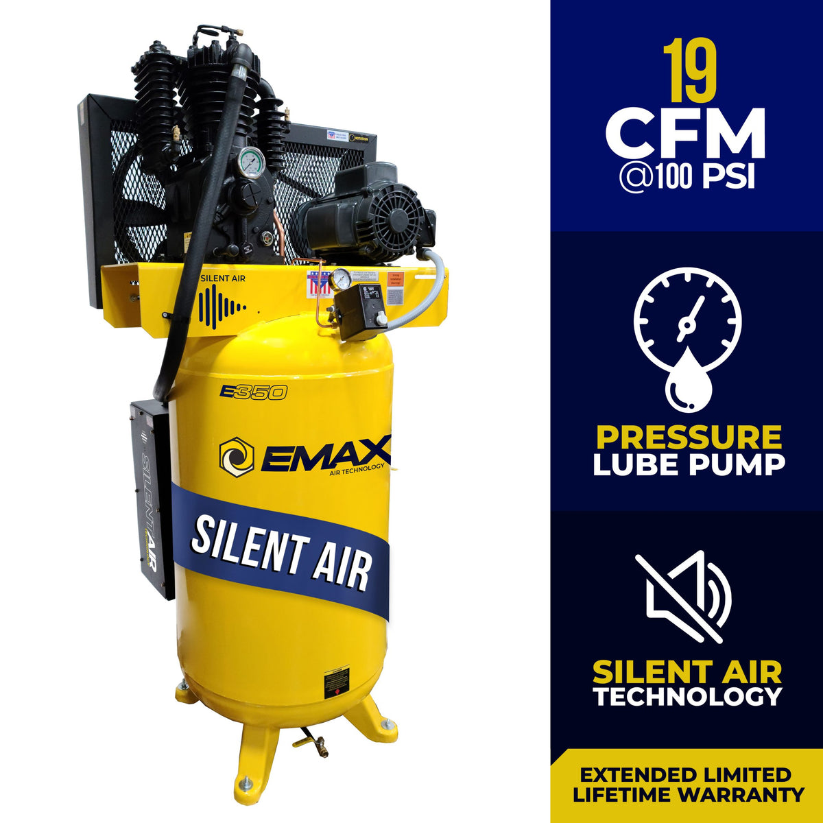 EMAX 5 HP 80-gallon air compressor front view with 19 CFM, pressure-lube, and Silent Air callouts