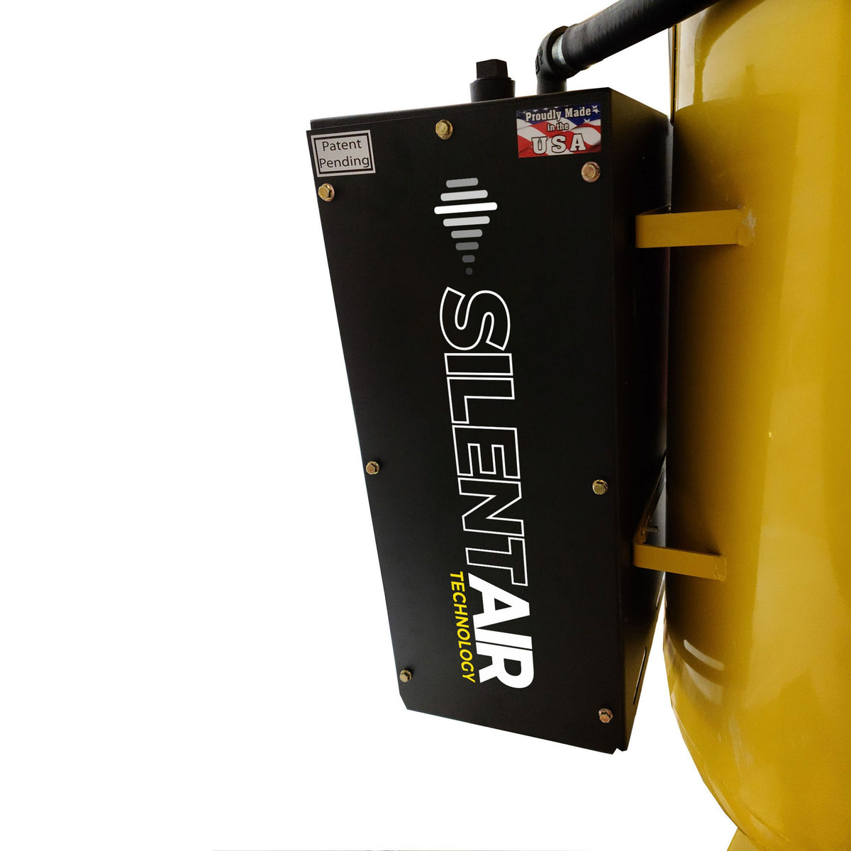 EMAX Silent Air Technology silencer enclosure mounted on the compressor tank