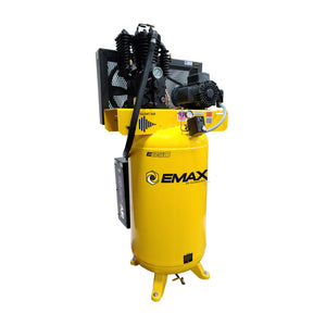 EMAX Silent Air 5 HP 80-gallon vertical two-stage air compressor, yellow tank, three-quarter view