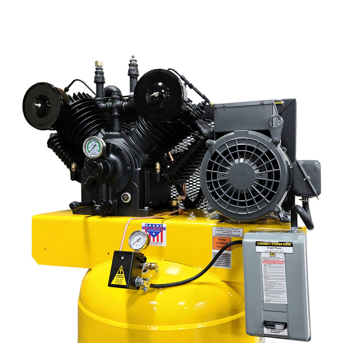 Cast-iron two-stage pump, flywheel, and electric motor with control box on the EMAX tank