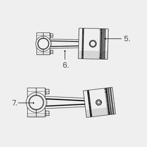 Diagram of cast iron piston and connecting rod components