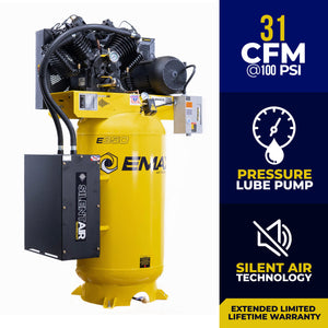 EMAX vertical air compressor with 31 CFM at 100 PSI, pressure lube pump, and Silent Air callouts