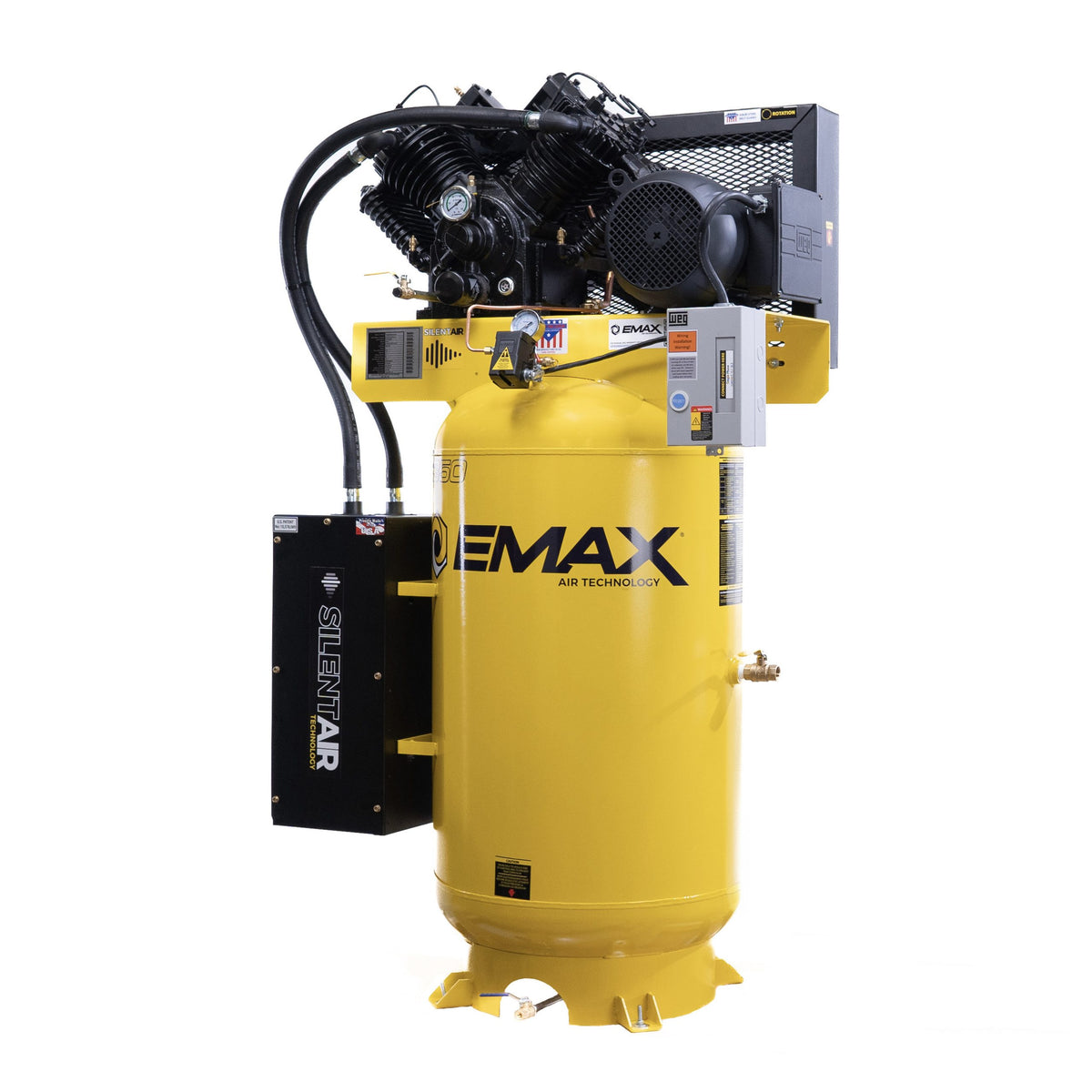 EMAX yellow 80-gallon vertical air compressor with two-stage cast iron pump and SilentAir silencer