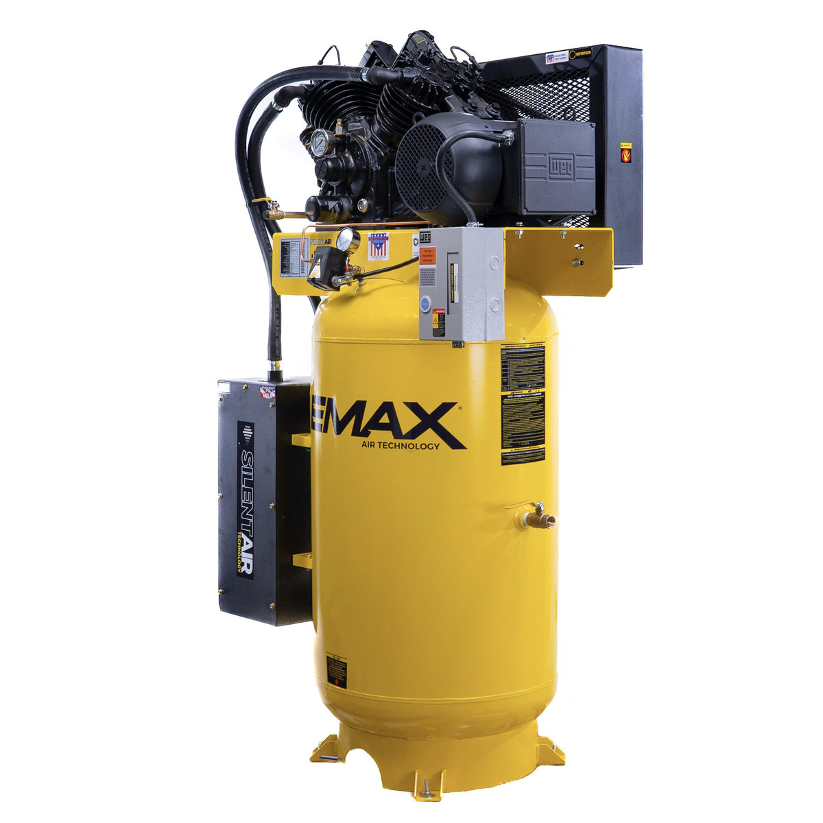 EMAX 80-gallon vertical air compressor, front-right view with cast iron pump and motor