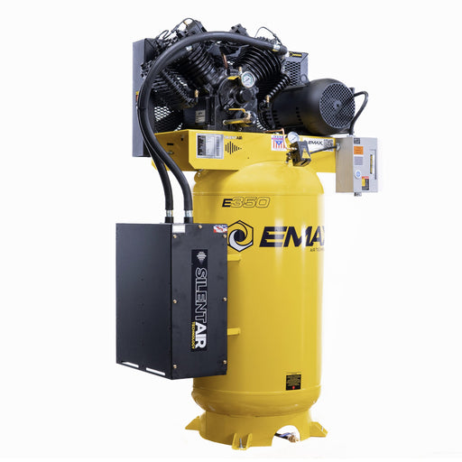 EMAX 80-gallon air compressor, front-left view with Silent Air box and magnetic starter