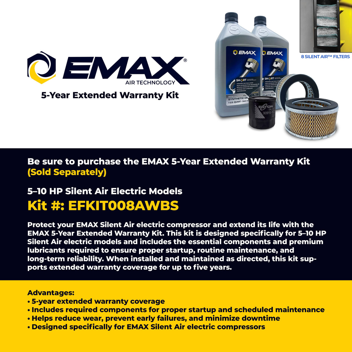 EMAX 5-Year Extended Warranty Kit EFKIT008AWBS with SMART OIL, spin-on filter, and Silent Air filters