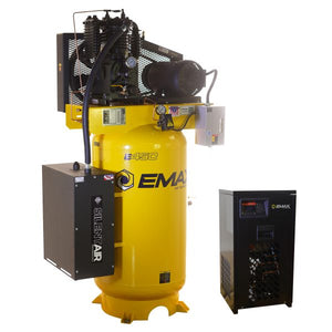 EMAX 80-gallon air compressor front angle with Silent Air silencer and refrigerated dryer