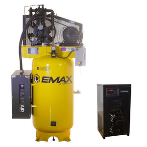 EMAX E450 vertical 80-gallon two-stage air compressor with Silent Air silencer and refrigerated air dryer
