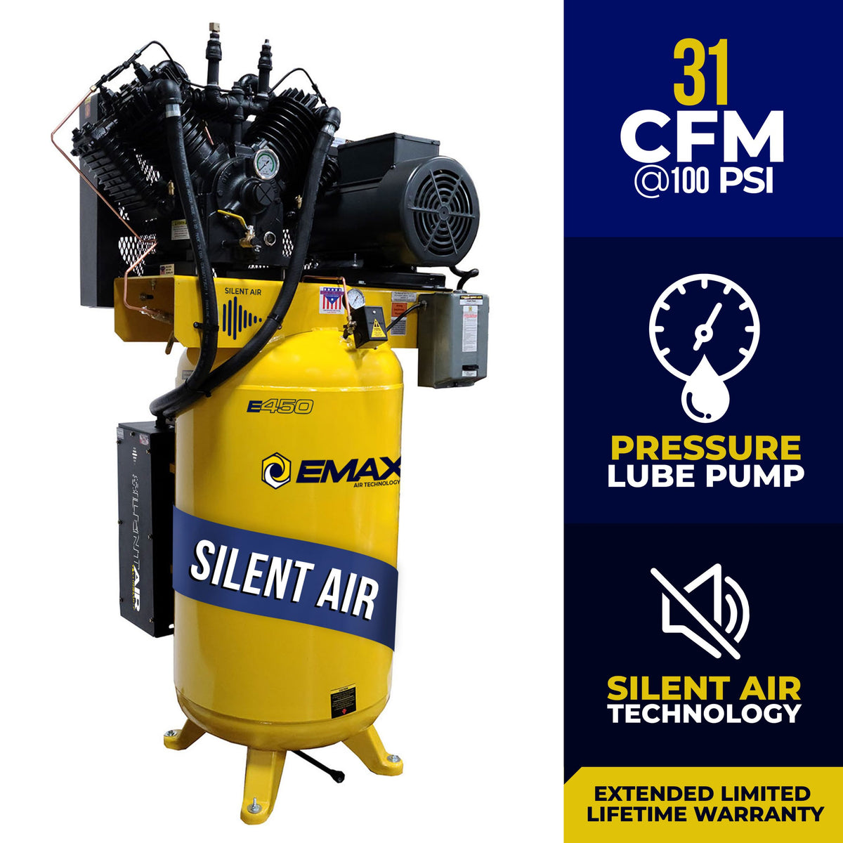 EMAX 80-gallon air compressor with 31 CFM at 100 PSI, pressure lube pump, and Silent Air callouts