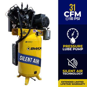 EMAX 80-gallon air compressor with 31 CFM at 100 PSI, pressure lube pump, and Silent Air callouts