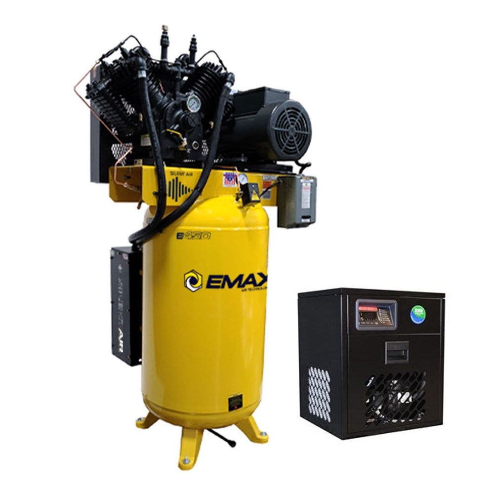 EMAX Silent Air 80-gallon vertical two-stage air compressor with refrigerated air dryer
