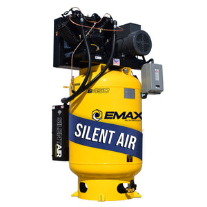 EMAX Silent Air ESP07V120V1 7.5 HP 120-gallon vertical air compressor, yellow tank with Silent Air silencer