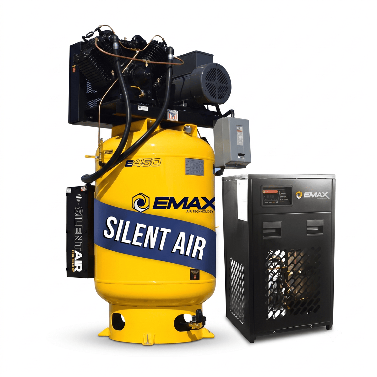 EMAX ESP07V120V1PK package: Silent Air 120-gallon vertical compressor with refrigerated air dryer