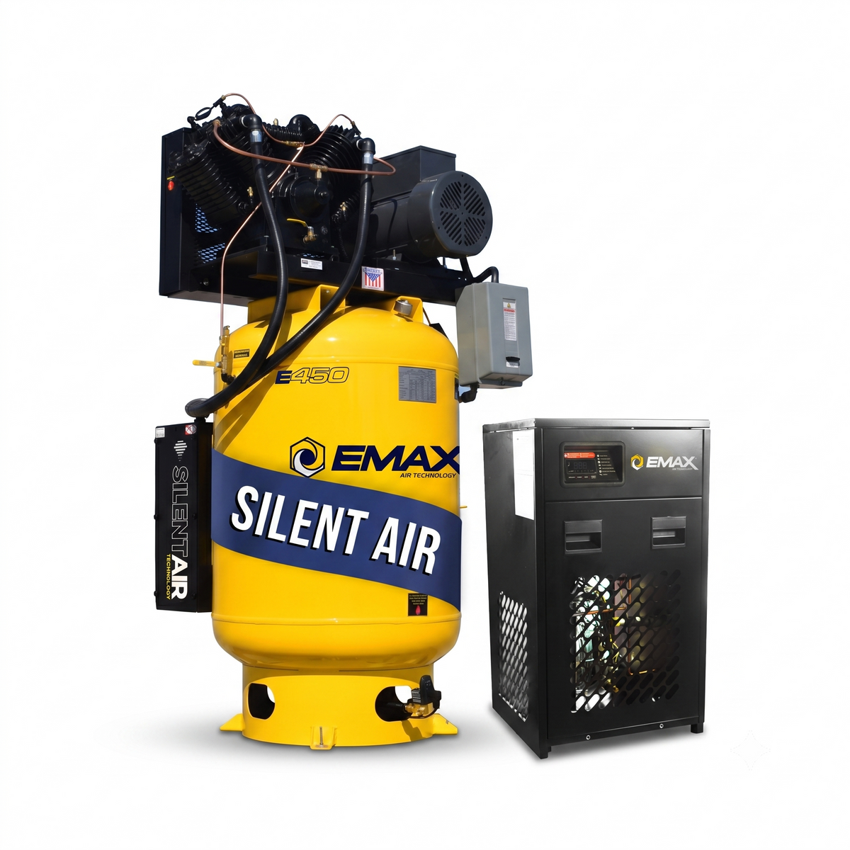EMAX Silent Air yellow vertical air compressor beside black EMAX refrigerated air dryer