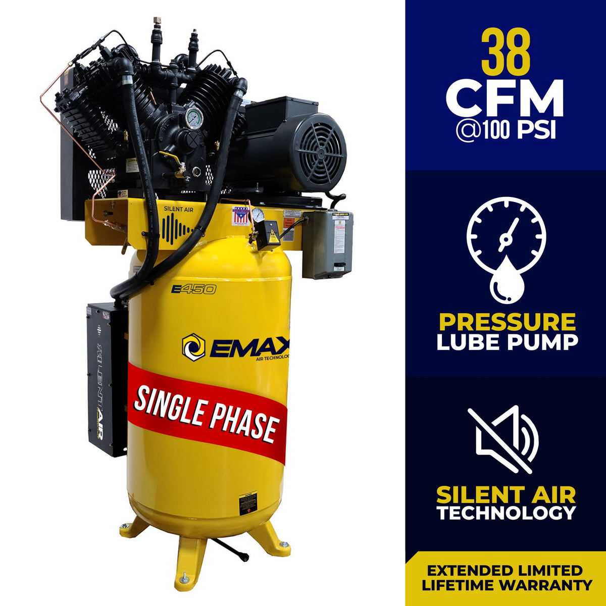 EMAX 10 HP 80-gallon Silent Air compressor with 38 CFM, pressure lube pump, and single-phase feature callouts