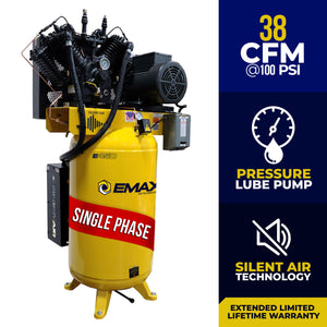 EMAX 10 HP 80-gallon Silent Air compressor with 38 CFM, pressure lube pump, and single-phase feature callouts